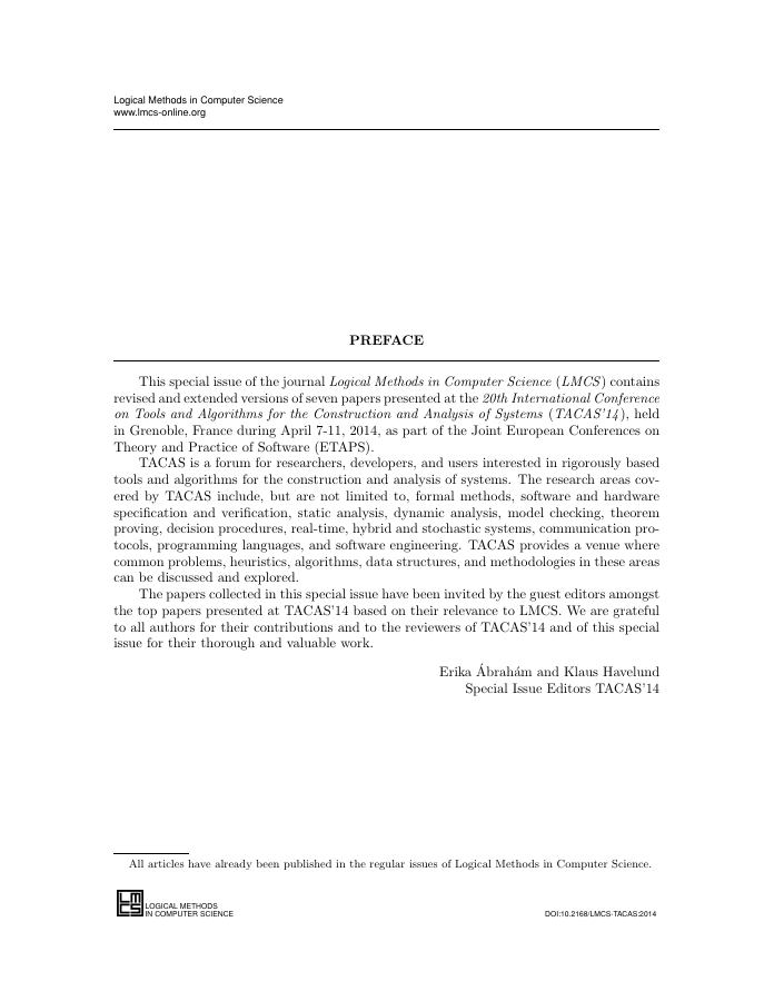 First page of the LMCS TACAS 2014 special-issue preface by Erika Ábrahám and Klaus Havelund