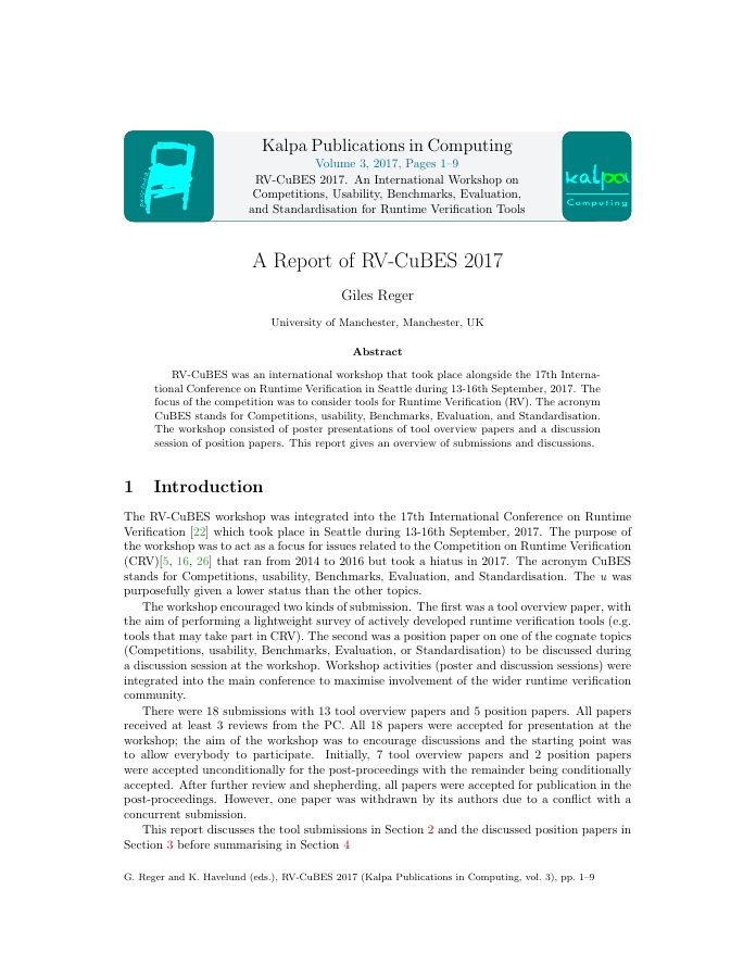 First page of A Report of RV-CuBES 2017 by Giles Reger